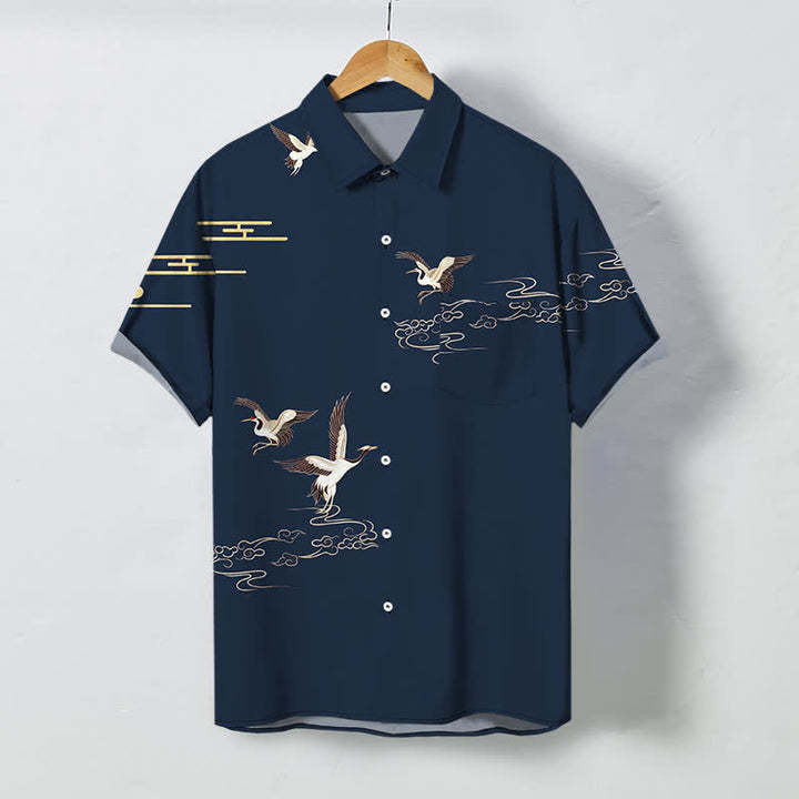 Buddha Stones Chemise à manches courtes pour homme, à boutons et motif de grues et de nuages, infroissable - Marine - US/UK/AU48，EU58 (4XL) - image 5