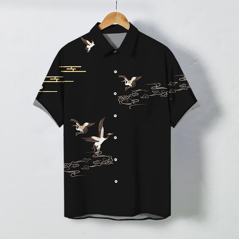 Buddha Stones Chemise à manches courtes pour homme, à boutons et motif de grues et de nuages, infroissable - Noir - US/UK/AU48，EU58 (4XL) - image 7