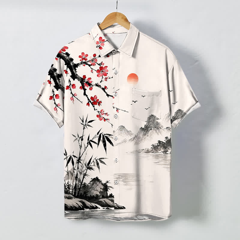 Buddha Stones Chemise à manches courtes respirante pour homme, motif coucher de soleil et fleurs de bambou, inspirée des paysages à l'encre - Ivoire - US/UK/AU48，EU58 (4XL) - image 0