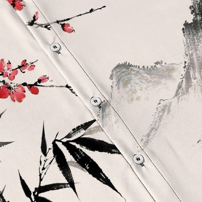Buddha Stones Chemise à manches courtes respirante pour homme, motif coucher de soleil et fleurs de bambou, inspirée des paysages à l'encre - image 3