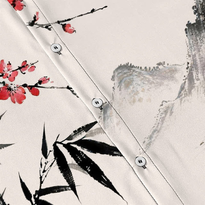 Buddha Stones Chemise à manches courtes respirante pour homme, motif coucher de soleil et fleurs de bambou, inspirée des paysages à l'encre - image 3