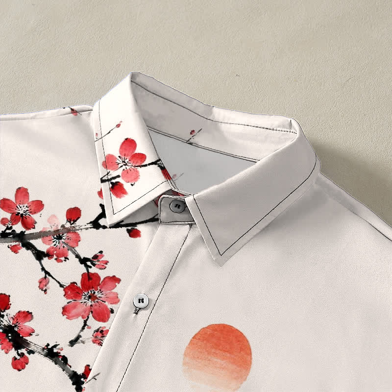 Buddha Stones Chemise à manches courtes respirante pour homme, motif coucher de soleil et fleurs de bambou, inspirée des paysages à l'encre - image 2