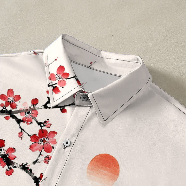 Buddha Stones Chemise à manches courtes respirante pour homme, motif coucher de soleil et fleurs de bambou, inspirée des paysages à l'encre - image 2