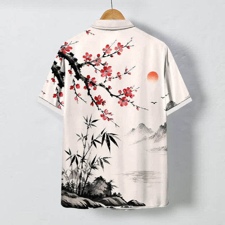 Buddha Stones Chemise à manches courtes respirante pour homme, motif coucher de soleil et fleurs de bambou, inspirée des paysages à l'encre - image 1