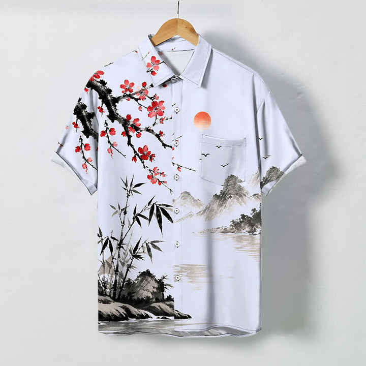 Buddha Stones Chemise à manches courtes respirante pour homme, motif coucher de soleil et fleurs de bambou, inspirée des paysages à l'encre - Bleu ciel clair - US/UK/AU48，EU58 (4XL) - image 5