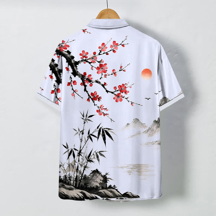 Buddha Stones Chemise à manches courtes respirante pour homme, motif coucher de soleil et fleurs de bambou, inspirée des paysages à l'encre - image 6