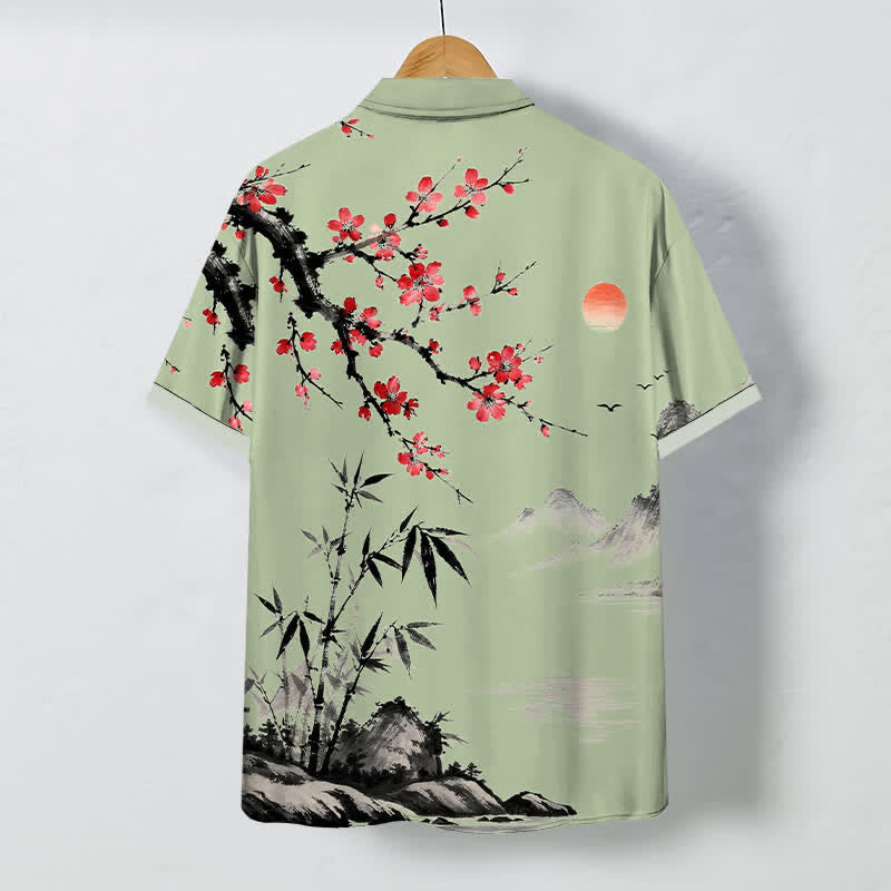 Buddha Stones Chemise à manches courtes respirante pour homme, motif coucher de soleil et fleurs de bambou, inspirée des paysages à l'encre - image 8