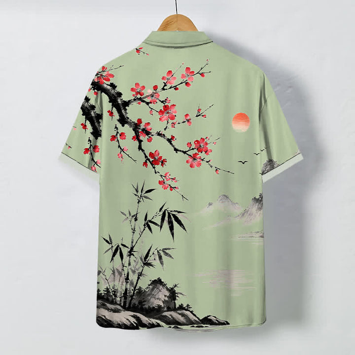 Buddha Stones Chemise à manches courtes respirante pour homme, motif coucher de soleil et fleurs de bambou, inspirée des paysages à l'encre - image 8