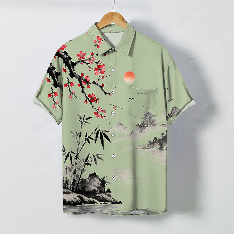 Buddha Stones Chemise à manches courtes respirante pour homme, motif coucher de soleil et fleurs de bambou, inspirée des paysages à l'encre - Vert mer moyen - US/UK/AU48，EU58 (4XL) - image 7
