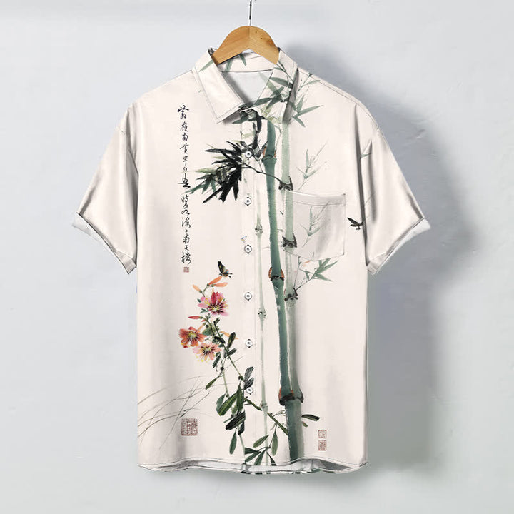 Buddha Stones Chemise à manches courtes respirante pour homme, ornée de boutons et d'un motif calligraphique d'oiseaux et de fleurs de bambou à l'encre - Lin - US/UK/AU48，EU58 (4XL) - image 0