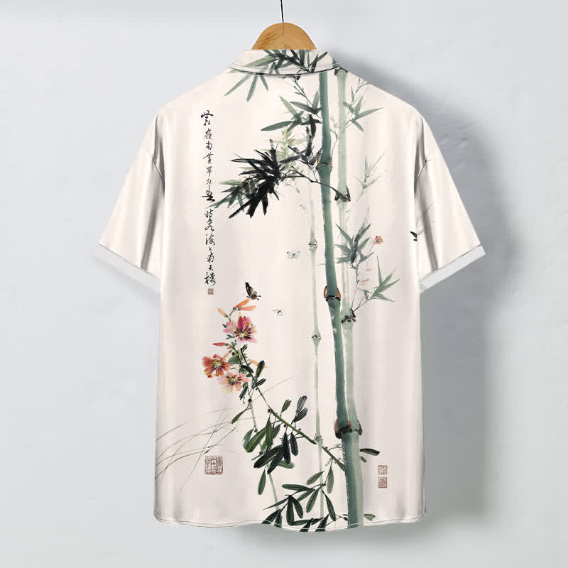 Buddha Stones Chemise à manches courtes respirante pour homme, ornée de boutons et d'un motif calligraphique d'oiseaux et de fleurs de bambou à l'encre - image 1