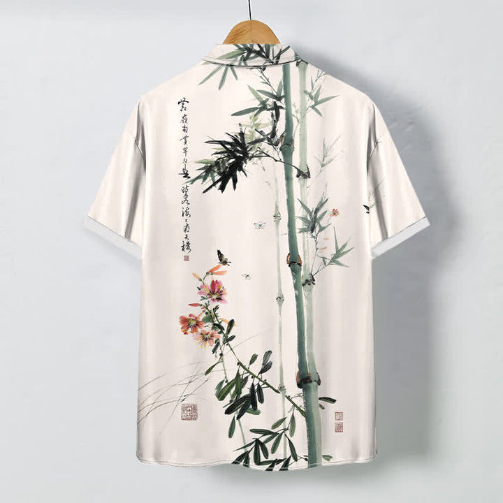 Buddha Stones Chemise à manches courtes respirante pour homme, ornée de boutons et d'un motif calligraphique d'oiseaux et de fleurs de bambou à l'encre - image 1
