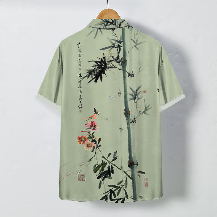 Buddha Stones Chemise à manches courtes respirante pour homme, ornée de boutons et d'un motif calligraphique d'oiseaux et de fleurs de bambou à l'encre - image 4