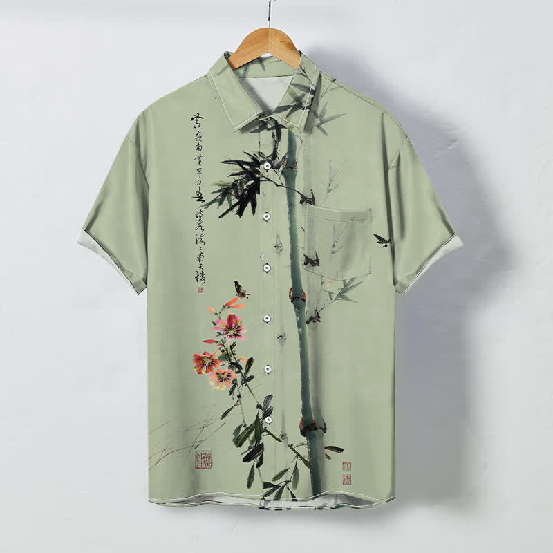Buddha Stones Chemise à manches courtes respirante pour homme, ornée de boutons et d'un motif calligraphique d'oiseaux et de fleurs de bambou à l'encre - Vert foncé - US/UK/AU48，EU58 (4XL) - image 3