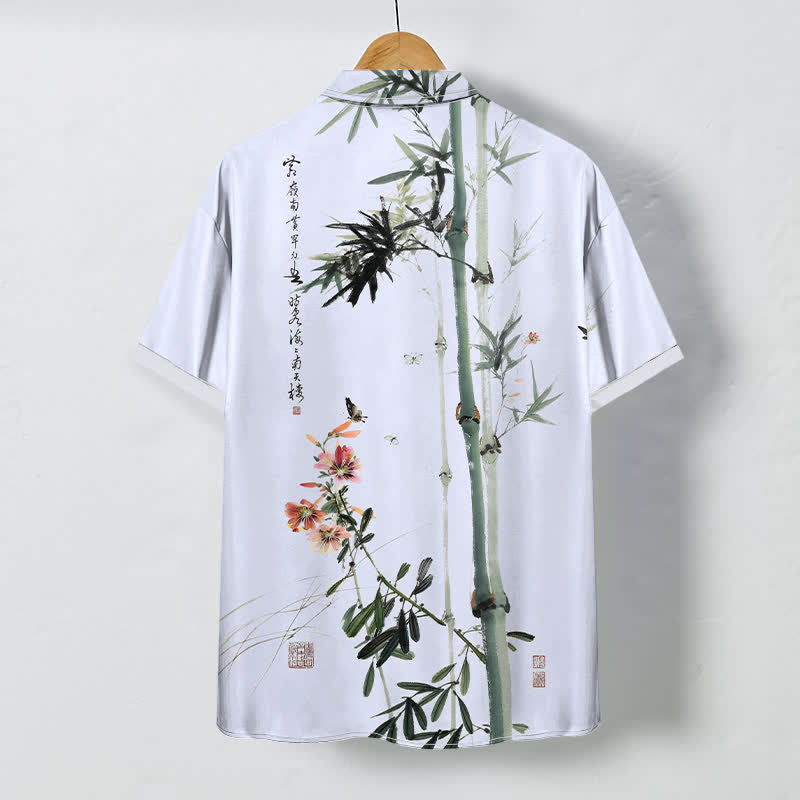 Buddha Stones Chemise à manches courtes respirante pour homme, ornée de boutons et d'un motif calligraphique d'oiseaux et de fleurs de bambou à l'encre - image 6