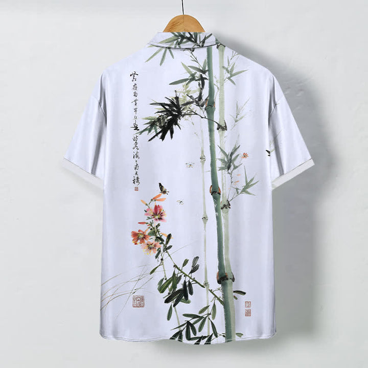 Buddha Stones Chemise à manches courtes respirante pour homme, ornée de boutons et d'un motif calligraphique d'oiseaux et de fleurs de bambou à l'encre - image 6