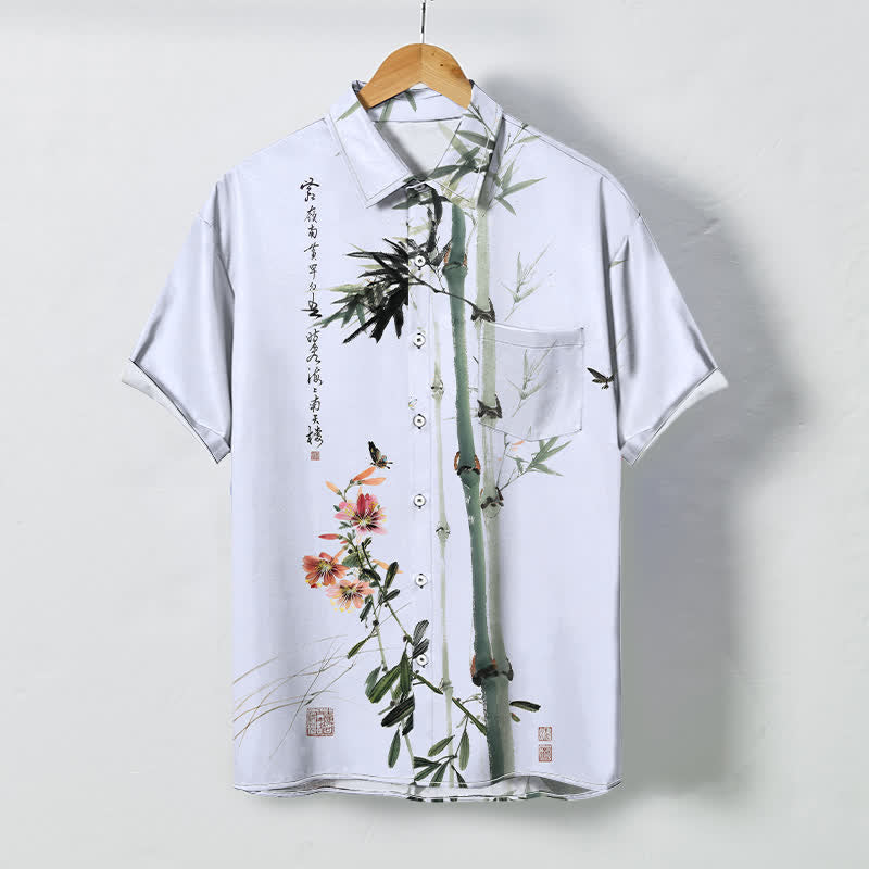 Buddha Stones Chemise à manches courtes respirante pour homme, ornée de boutons et d'un motif calligraphique d'oiseaux et de fleurs de bambou à l'encre - Bleu ciel clair - US/UK/AU48，EU58 (4XL) - image 5