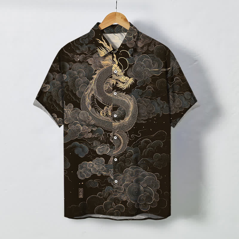 Buddha Stones Chemise à manches courtes pour homme, infroissable, avec boutons à motif de nuage de dragon doré - Noir - US/UK/AU48，EU58 (4XL) - image 0