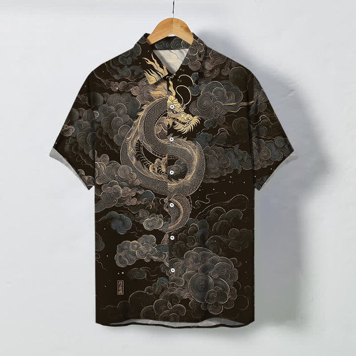 Buddha Stones Chemise à manches courtes pour homme, infroissable, avec boutons à motif de nuage de dragon doré - Noir - US/UK/AU48，EU58 (4XL) - image 0