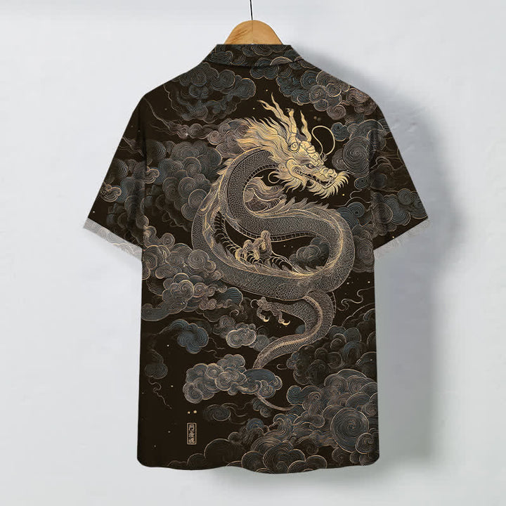Buddha Stones Chemise à manches courtes pour homme, infroissable, avec boutons à motif de nuage de dragon doré - image 1