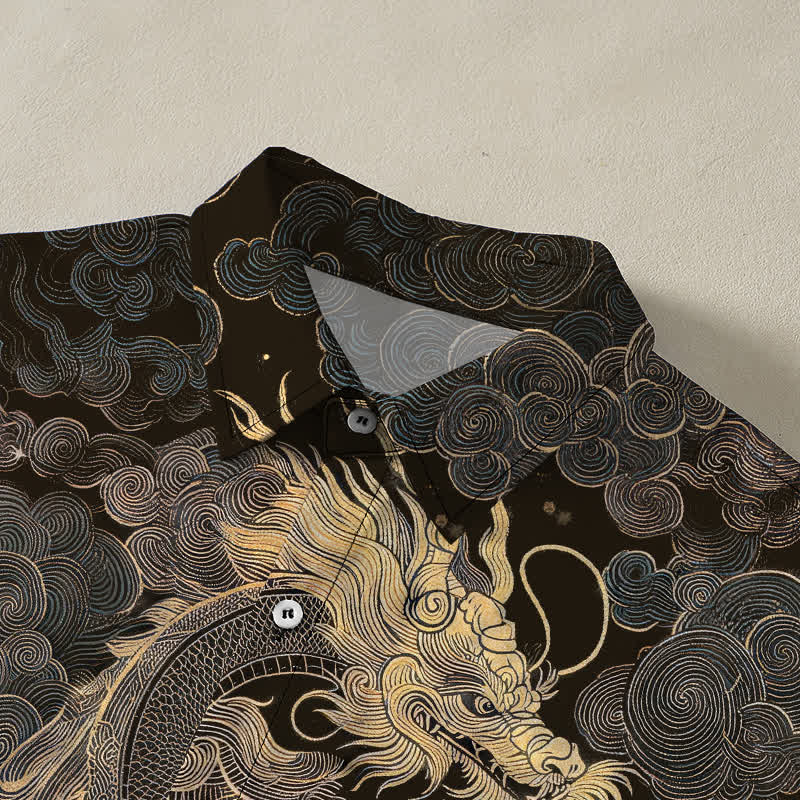 Buddha Stones Chemise à manches courtes pour homme, infroissable, avec boutons à motif de nuage de dragon doré - image 2