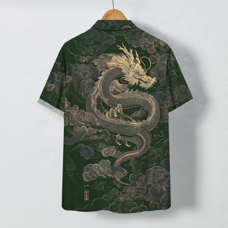 Buddha Stones Chemise à manches courtes pour homme, infroissable, avec boutons à motif de nuage de dragon doré - image 6