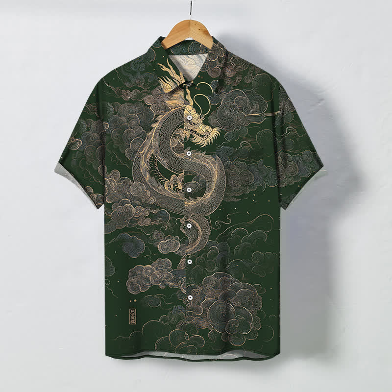 Buddha Stones Chemise à manches courtes pour homme, infroissable, avec boutons à motif de nuage de dragon doré - Vert foncé - US/UK/AU48，EU58 (4XL) - image 5