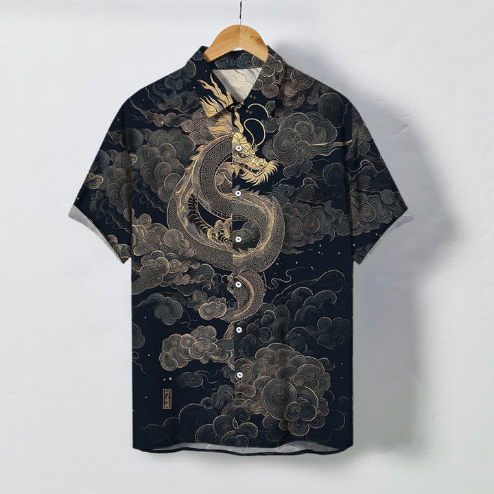 Buddha Stones Chemise à manches courtes pour homme, infroissable, avec boutons à motif de nuage de dragon doré - Bleu nuit - US/UK/AU48，EU58 (4XL) - image 7