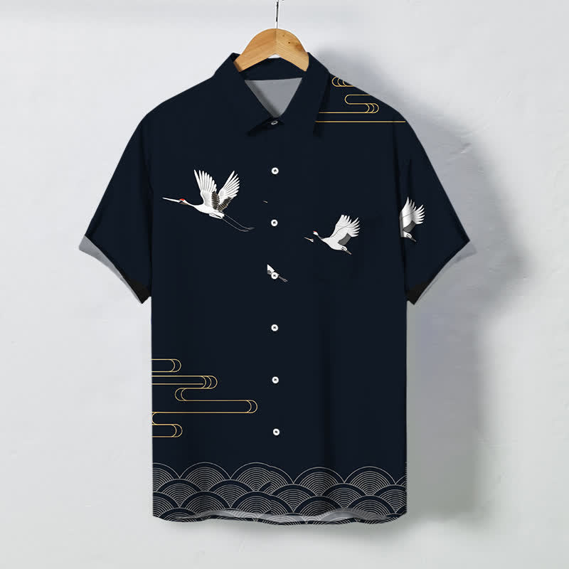 Buddha Stones Chemise à manches courtes respirante pour homme avec boutons à motif vague doré Crane - Noir - US/UK/AU48，EU58 (4XL) - image 0