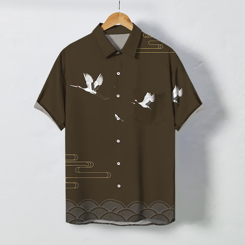 Buddha Stones Chemise à manches courtes respirante pour homme avec boutons à motif vague doré Crane - SaddleBrown - US/UK/AU48，EU58 (4XL) - image 5