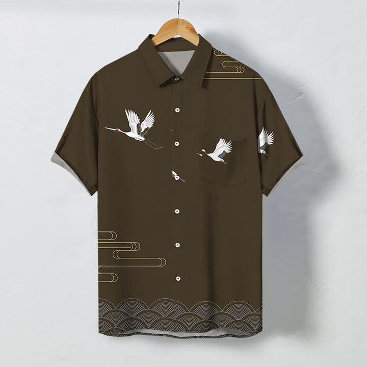 Buddha Stones Chemise à manches courtes respirante pour homme avec boutons à motif vague doré Crane - SaddleBrown - US/UK/AU48，EU58 (4XL) - image 5