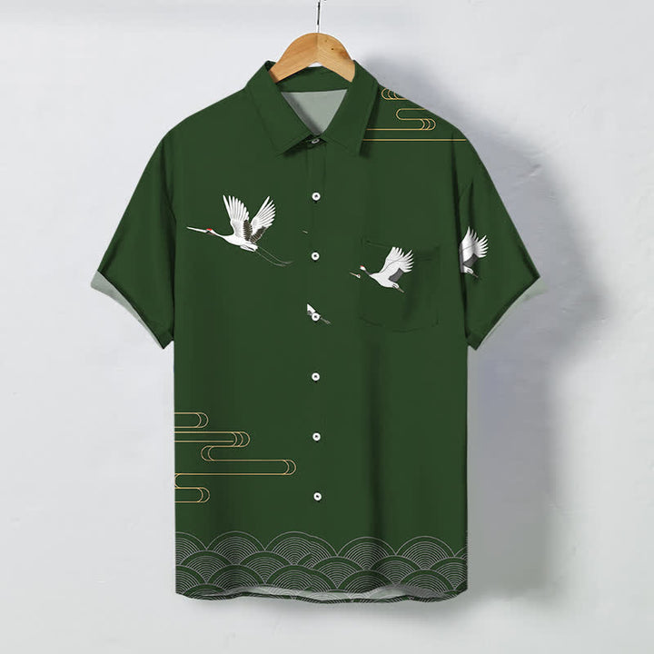 Buddha Stones Chemise à manches courtes respirante pour homme avec boutons à motif vague doré Crane - Vert olive foncé - US/UK/AU48，EU58 (4XL) - image 7