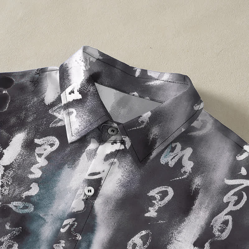 Buddha Stones Chemise à manches courtes respirante pour homme, à boutons et motif floral calligraphié - image 2