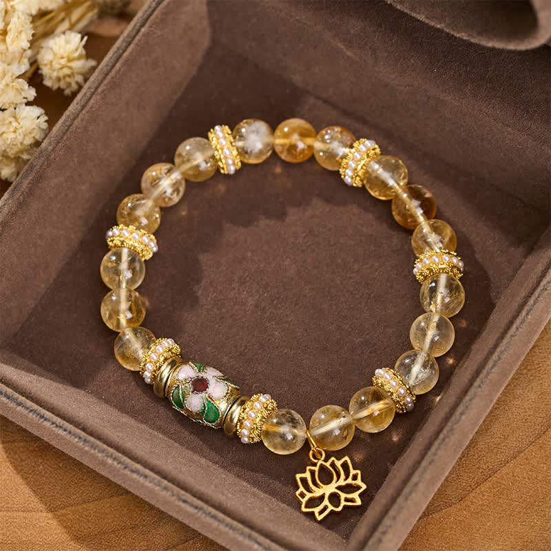 Buddha Stones Bracelet à perles rondes polies à la main, orné d'un pendentif lotus en citrine et de perles émaillées. - Citrine (Tour de poignet : 15–16 cm) - image 0