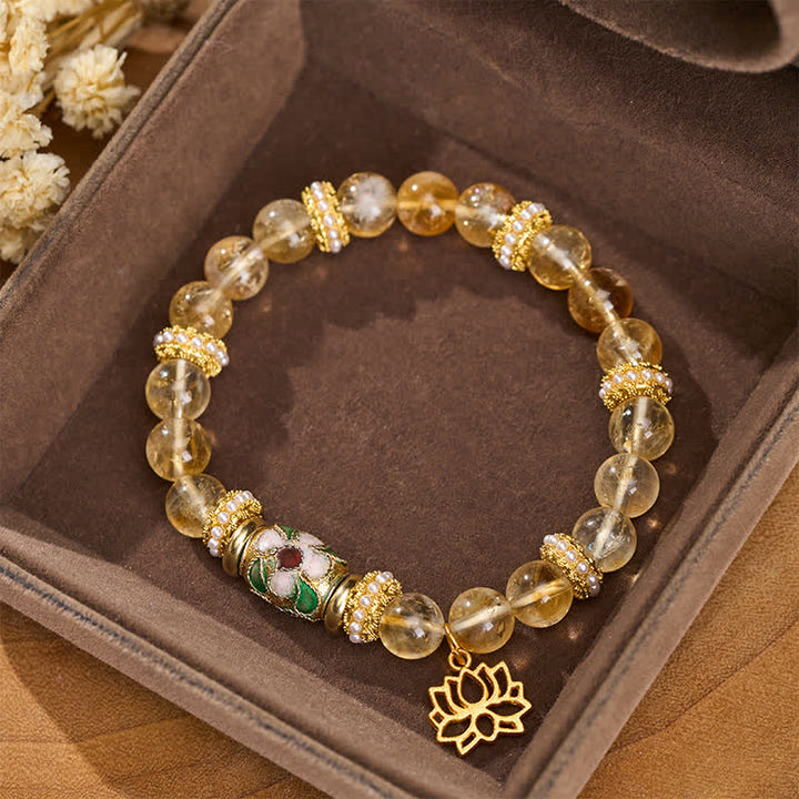 Buddha Stones Bracelet à perles rondes polies à la main, orné d'un pendentif lotus en citrine et de perles émaillées. - Citrine (Tour de poignet : 15–16 cm) - image 0