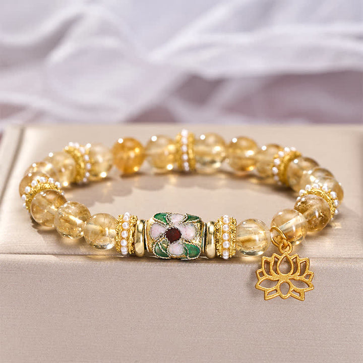 Buddha Stones Bracelet à perles rondes polies à la main, orné d'un pendentif lotus en citrine et de perles émaillées. - image 3