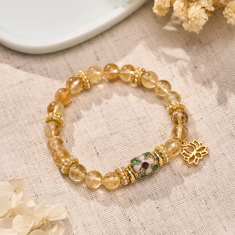 Buddha Stones Bracelet à perles rondes polies à la main, orné d'un pendentif lotus en citrine et de perles émaillées. - image 1