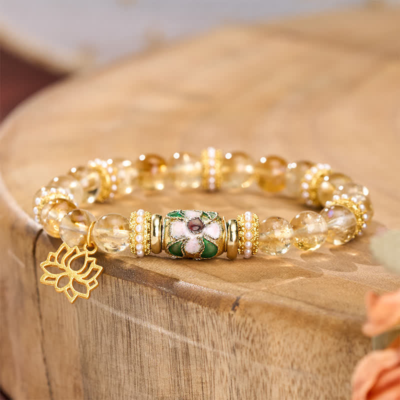 Buddha Stones Bracelet à perles rondes polies à la main, orné d'un pendentif lotus en citrine et de perles émaillées. - image 2