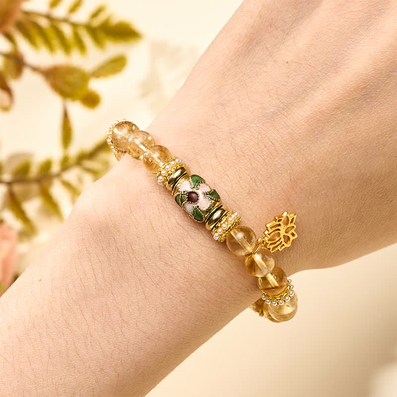 Buddha Stones Bracelet à perles rondes polies à la main, orné d'un pendentif lotus en citrine et de perles émaillées. - image 4