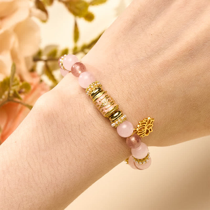 Buddha Stones Bracelet en perles rondes émaillées de quartz fraise naturel et de quartz rose. - image 4