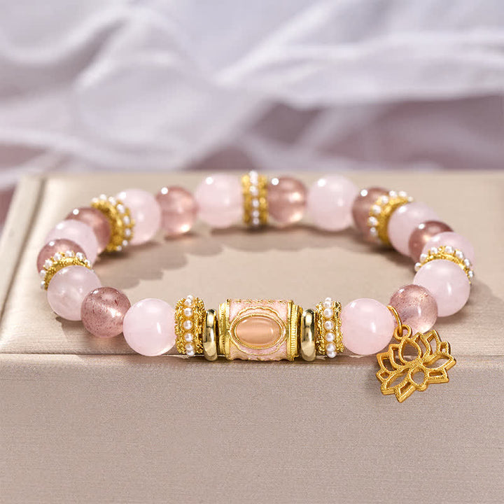 Buddha Stones Bracelet en perles rondes émaillées de quartz fraise naturel et de quartz rose. - image 2
