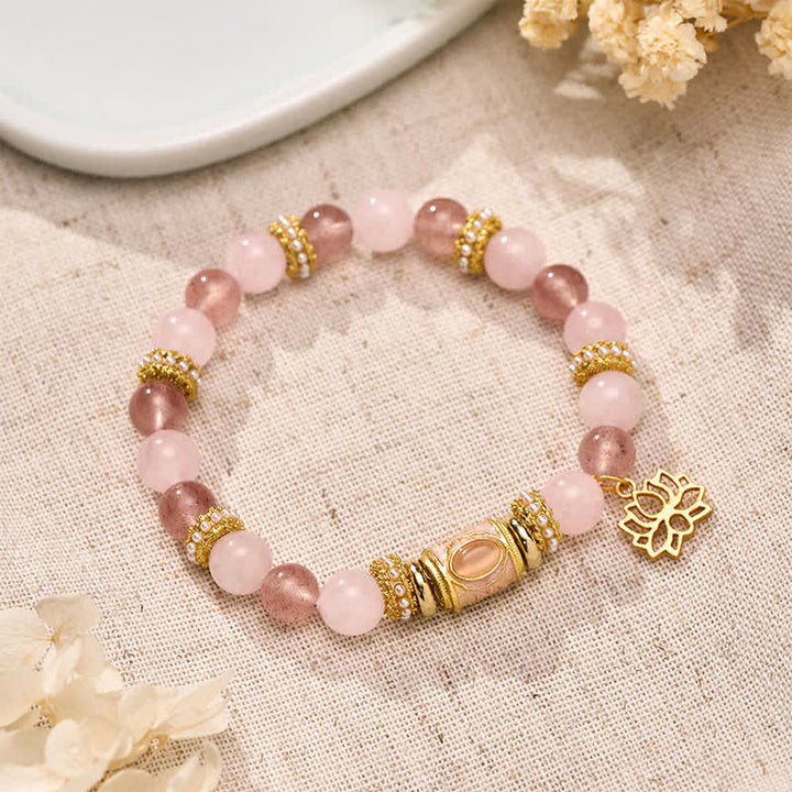 Buddha Stones Bracelet en perles rondes émaillées de quartz fraise naturel et de quartz rose. - Quartz fraise, quartz rose (Tour de poignet : 15–16 cm) - image 0