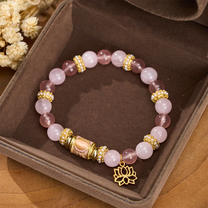 Buddha Stones Bracelet en perles rondes émaillées de quartz fraise naturel et de quartz rose. - image 1