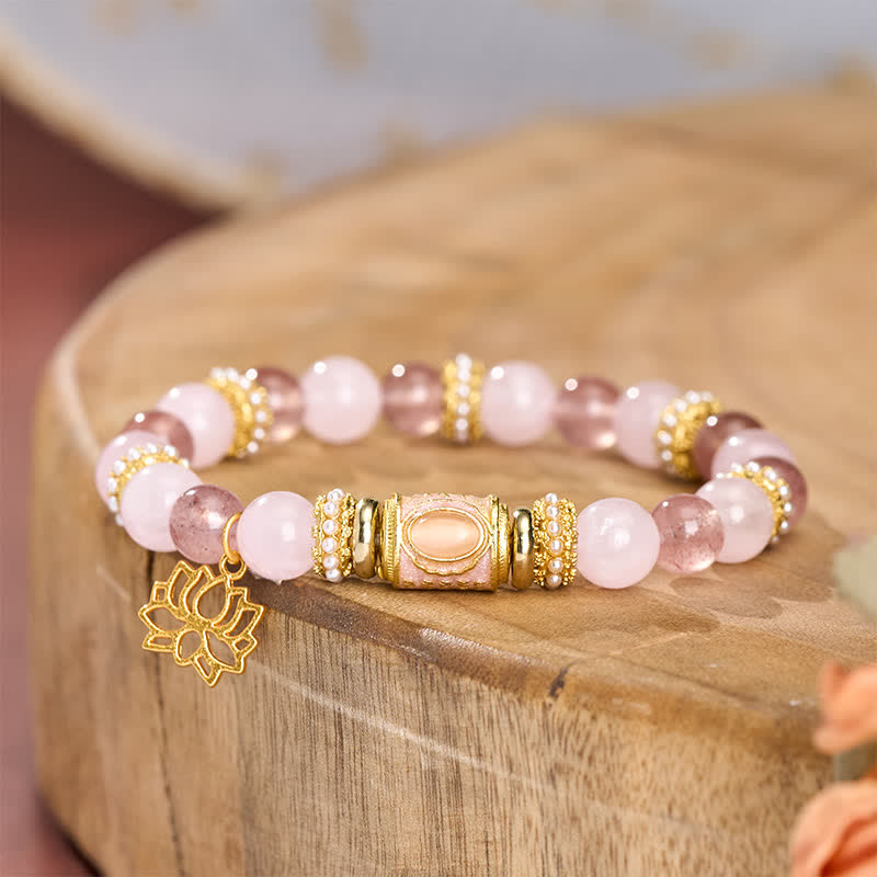 Buddha Stones Bracelet en perles rondes émaillées de quartz fraise naturel et de quartz rose. - image 3