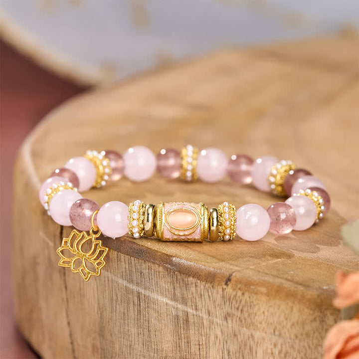 Buddha Stones Bracelet en perles rondes émaillées de quartz fraise naturel et de quartz rose. - image 3