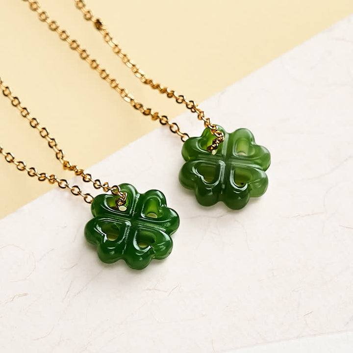 Buddha Stones Collier pendentif trèfle à quatre feuilles en jade sculpté à la main - image 4
