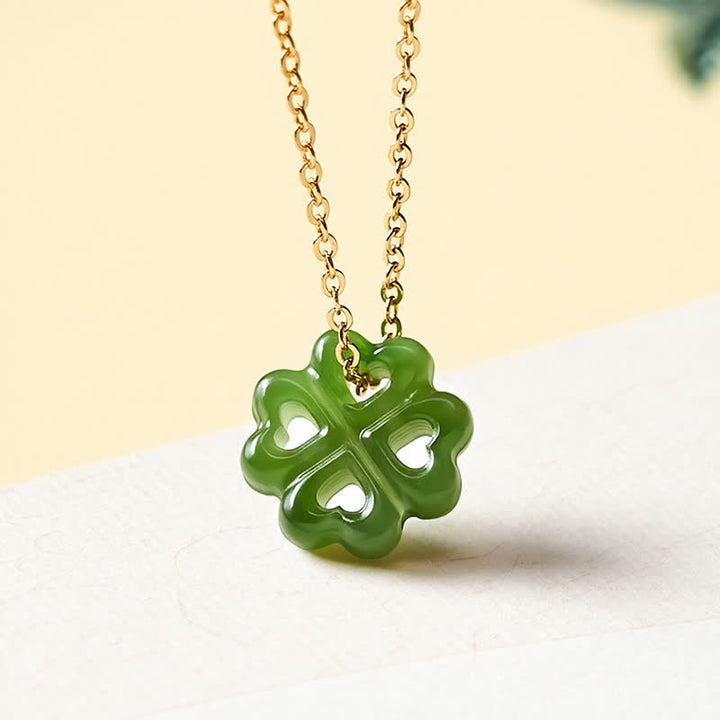 Buddha Stones Collier pendentif trèfle à quatre feuilles en jade sculpté à la main - Argent sterling 925 (Bénédiction ♥ Calme) - Jade naturel (la couleur peut varier) - image 0