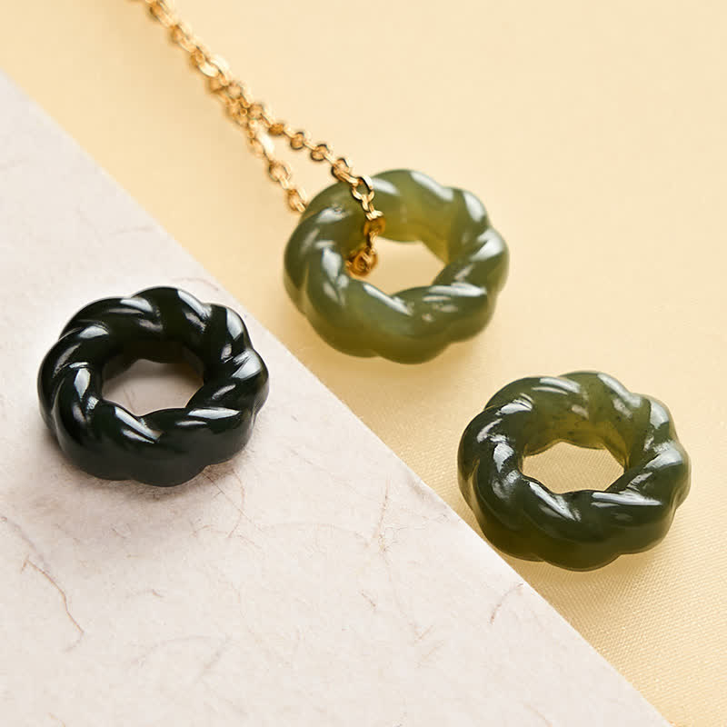 Buddha Stones Collier vintage en jade Hetian sculpté à la main, orné de torsades de pâte frite et symbole de bénédiction - image 5
