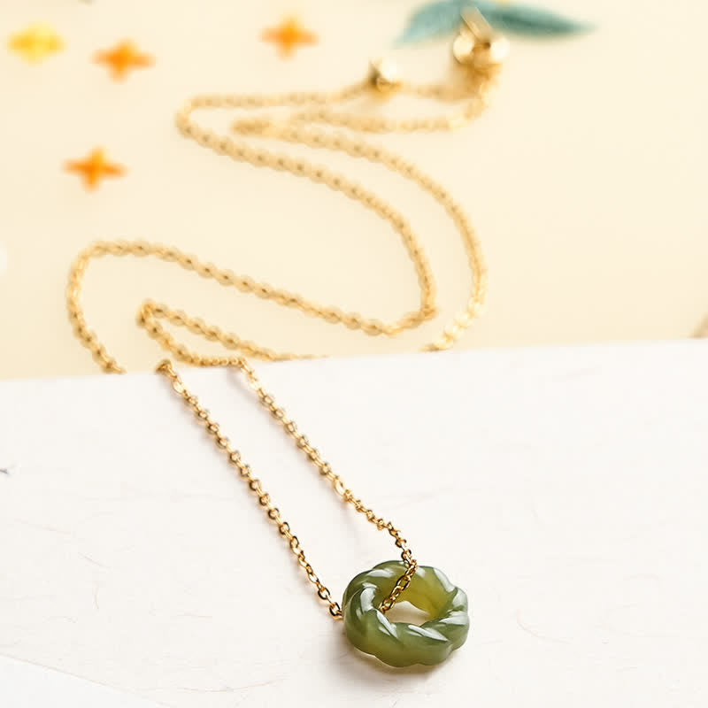 Buddha Stones Collier vintage en jade Hetian sculpté à la main, orné de torsades de pâte frite et symbole de bénédiction - image 2