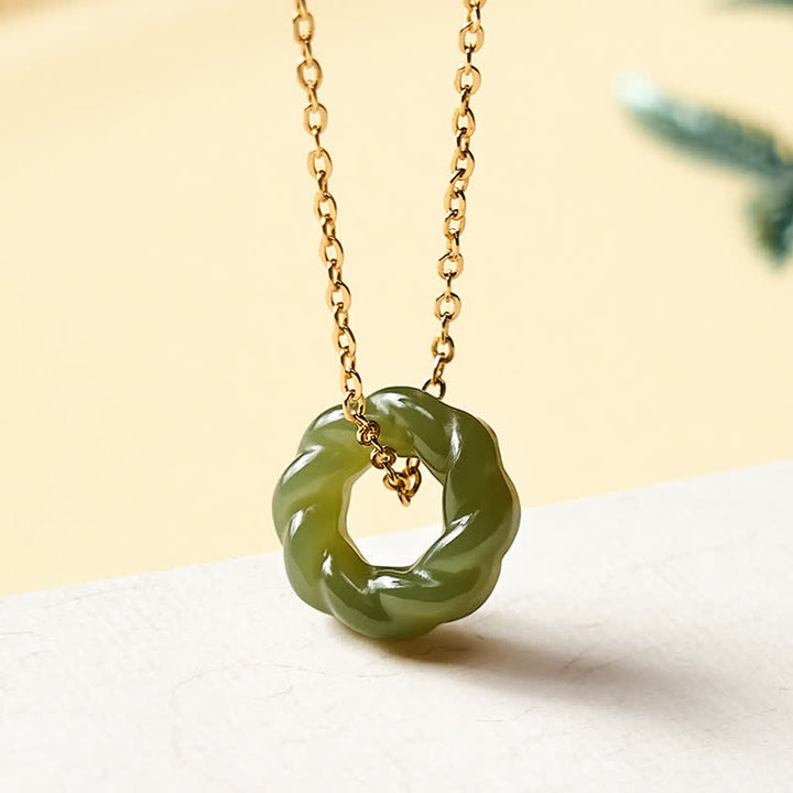 Buddha Stones Collier vintage en jade Hetian sculpté à la main, orné de torsades de pâte frite et symbole de bénédiction - Argent sterling 925 (Bénédiction ♥ Calme) - Jade naturel (la couleur peut varier) - image 0